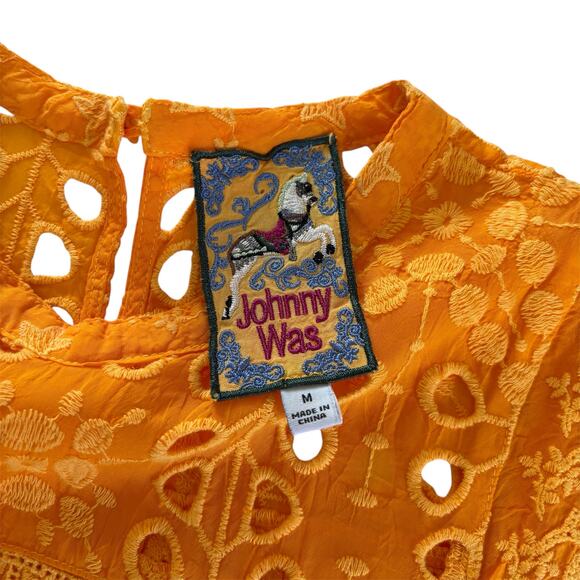 Johnny Was Leafy Concetta Blouse Yellow Boho Embroidered High Neck Size Medium - Picture 3 of 8